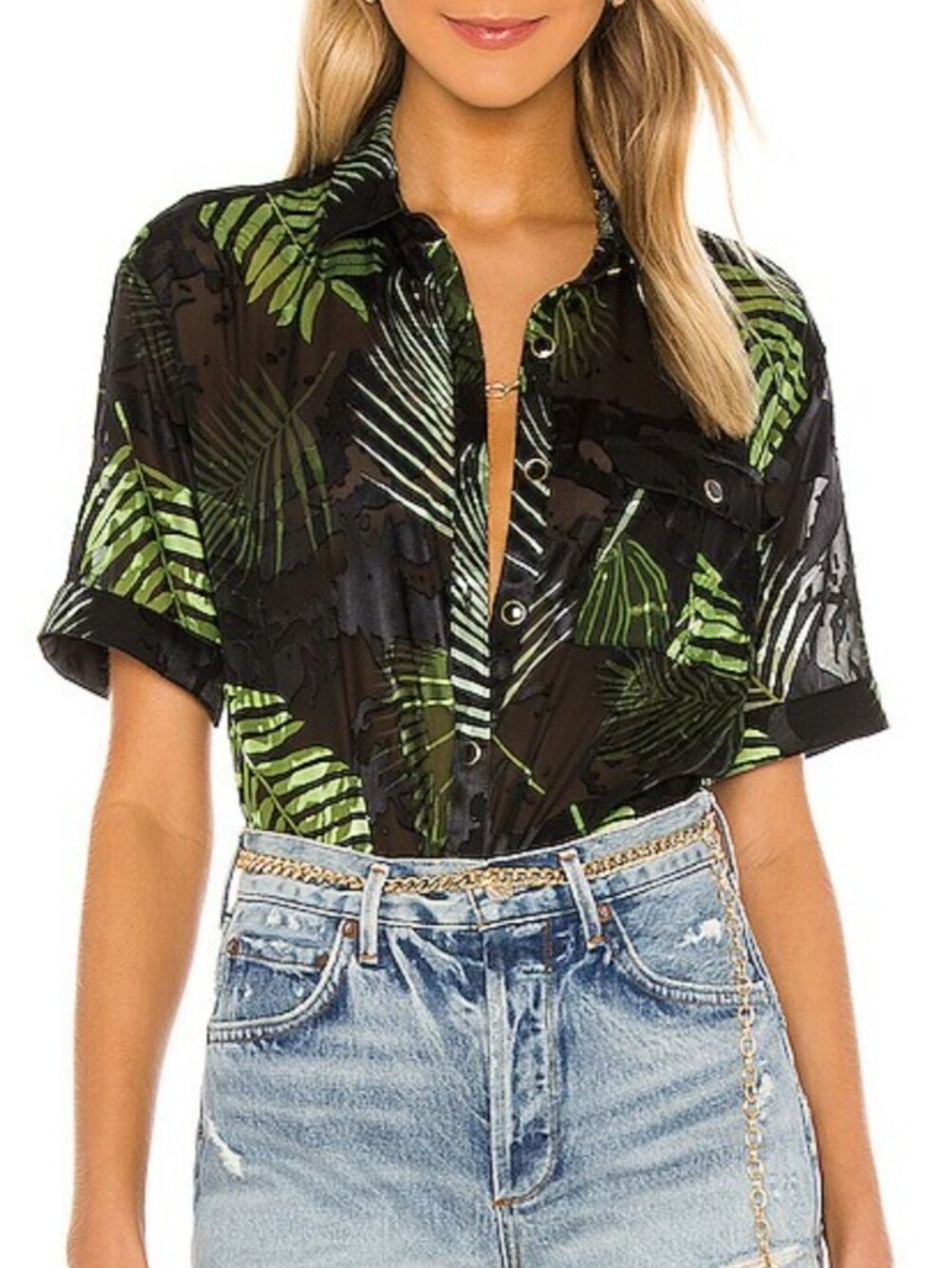 Camila Coelho Tropical Snap Button Down Short Sleeve Shirt